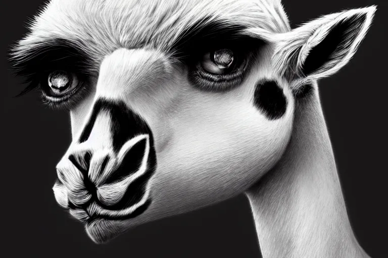 Image similar to highly detailed animal portrait of a goth alpaca with piercings, black eyeshadow, piercings!, earrings!, digital art made by makoto shinkai, lois van baarle, greg rutkowski and jakub rebelka, highly detailed, symmetrical, extremely coherent, smooth, shaped focus, dystopian gray forest background, skull