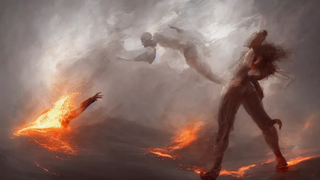 Prompt: a man in white tights flies from volcano and flame Magnetic field, intricate, highly detailed, artstation trending, ray tracing, cinematic, art by Bastien Lecouffe-Deharme, concept art,