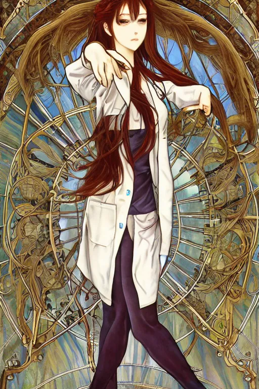 Prompt: Kurisu Makise in long lab coat tonemapped in the style of Ayami Kojima and Alphonse Mucha