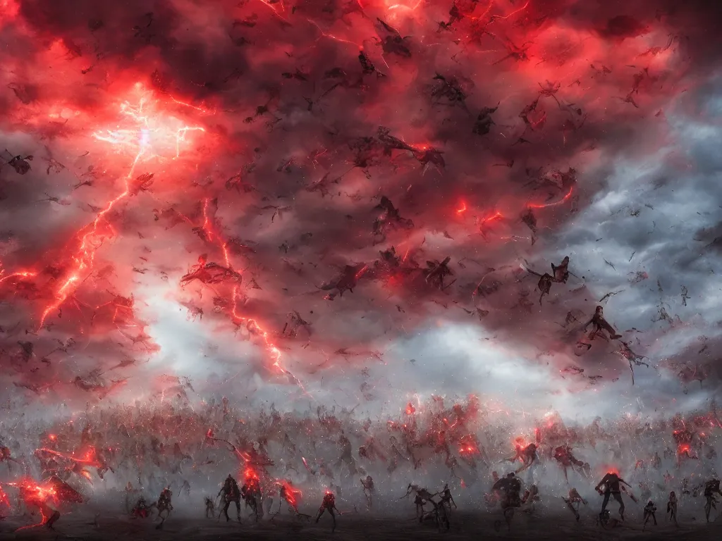 Image similar to a horde of angels falling from the sky, red lightning, apocalypse, eerie, digital painting, trending on artstation, deviantart, 8k, epic composition, intrinsic details, perfect coherence