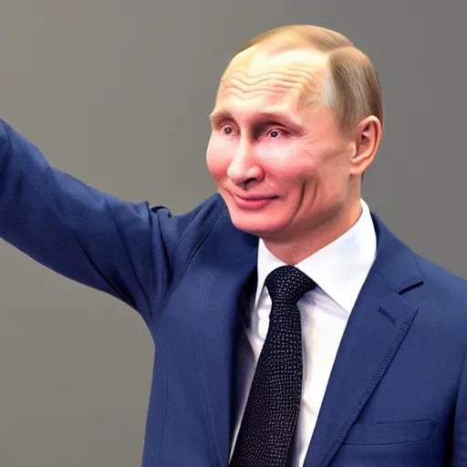 Prompt: high definition photo putin smirking while pointing up with one finger, 4k