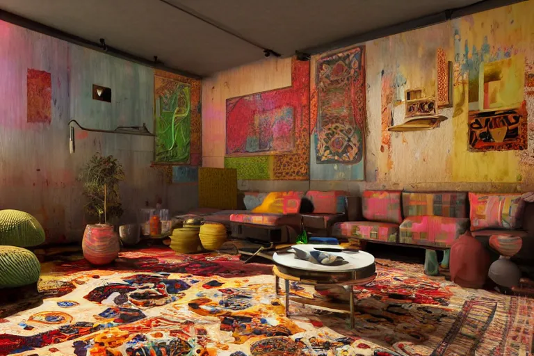 Image similar to interior of a 6 0 s hippie lounge, water pipes, lava lamps, ambient light, persian carpets, pillows, realistic, highly detailed, unreal engine, octane render,