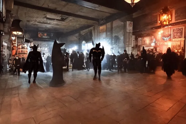 Image similar to batman offering free beer, atmospheric eerie lighting, dim lighting, bodycam footage, motion blur, blurry photography