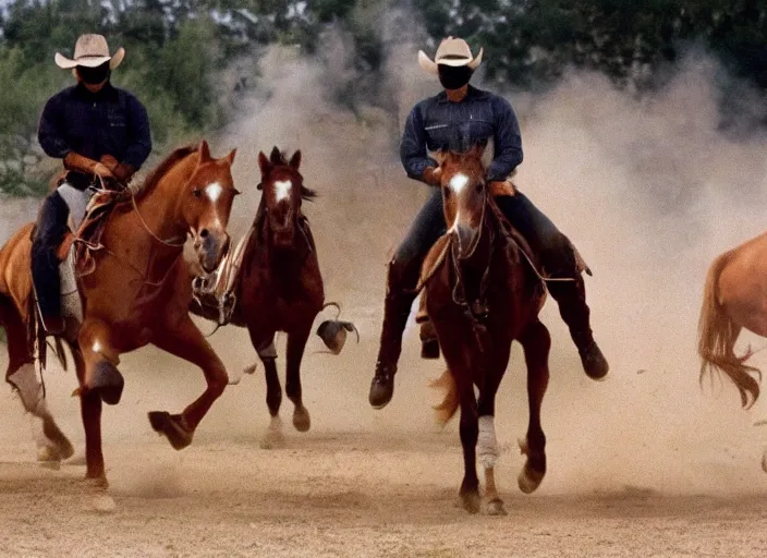 Image similar to a cowboy horse chase vigilantes with face masks disguise, shoot out, exploding horse wide shot, from the hit 1 9 9 0 s tv show on tnt