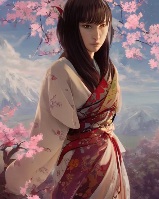 Image similar to An anime portrait of Natalie Portman as a beautiful woman wearing a kimono from Skyrim, by Stanley Artgerm Lau, WLOP, Rossdraws, James Jean, Andrei Riabovitchev, Marc Simonetti, and Sakimichan, trending on artstation