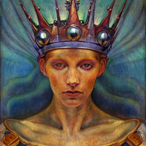 Image similar to the robot crown, by Annie Swynnerton and Diego Rivera , symbolist, dramatic lighting, elaborate geometric ornament, Art Brut, god rays, soft cool colors,smooth, sharp focus, extremely detailed, Adolf Wölfli and (Donato Giancola)