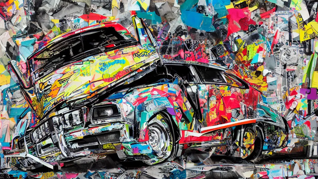 Image similar to lowrider crash test, collage paper and tape, pencil and graffiti marker, acrylic on canvas, expressionism, high resolution, cinematic, unreal 6 breathtaking detailed, by blake neubert