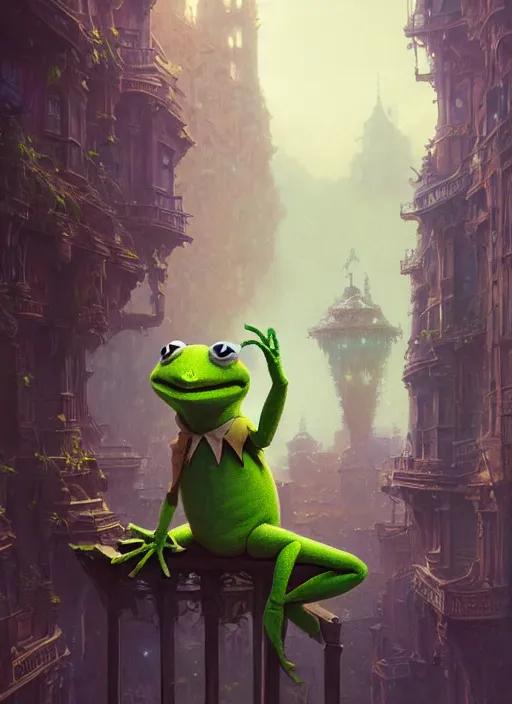 Image similar to Highly detailed portrait of Kermit the frog, Stephen Bliss, unreal engine, fantasy art by Greg Rutkowski, Loish, Rhads, ferdinand knab, Makoto Shinkai and Lois van baarle, ilya kuvshinov, rossdraws, Tom Bagshaw, alphonse mucha, global illumination, radiant light, detailed and intricate environment