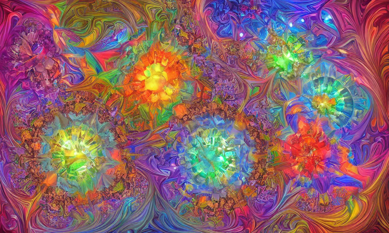 Image similar to voronoi engine laboratory 3 d volume kaleidoscope mandala fractal chakra digital multicolor stylized concept substance by artgerm, rossdraws, norman rockwell, magali villeneuve, gil elvgren, alberto vargas, earl moran, enoch bolles radiating a glowing aura global illumination ray tracing hdr