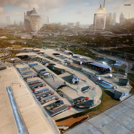Image similar to parking several cars: center composition, ground camera shot, motherboard forms designed by zaha hadid, sci-fi futuristic ultra realistic photography, keyshot render, octane render, unreal engine 5 lumen, high oiled liquid glossy specularity reflections, ultra detailed, golden hour, dramatic lighting 4k, 8k, 16k in the style ofblade runner 2049 Cyberpunk 2077 ghost in the shell thor 2 marvel film : tilt shift: sharp focus