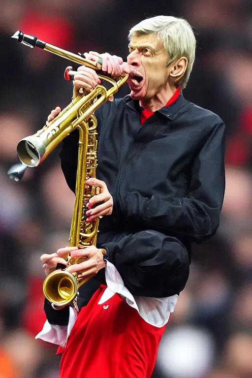 Image similar to a photo of arsene wenger going wild on a saxaphone