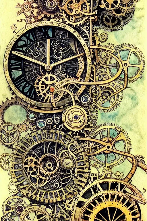 Image similar to steampunk gears, and eternal clock, inside an open book, dark and gothic, full frame, art by kay nielsen and walter crane, illustration style, watercolor