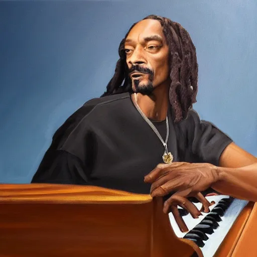 Image similar to Snoop dogg playing the piano, oil on canvas