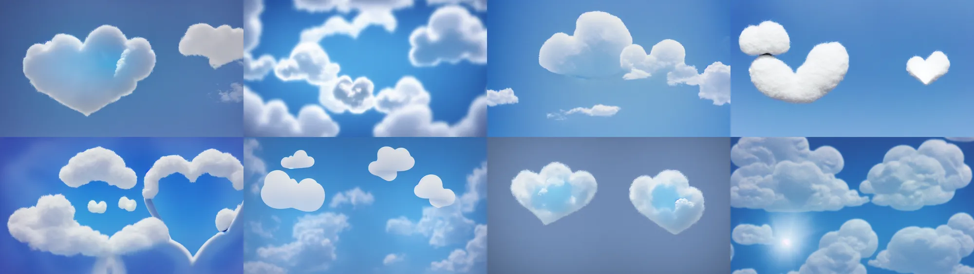 Image similar to tiny fluffy cloud heart on blue clear sky, detailed, hyper realism, photo, realistic, soft volume absorbation, volume light, view up, diffused lights, ultra realism, cinematic, film