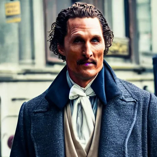 Image similar to [UHD candid photo of Matthew McConaughey as Sherlock Holmes, running down the streets of futuristic steampunk London, correct face, accurate facial details, graphic detail, sharp focus, photo by Annie Leibowitz]