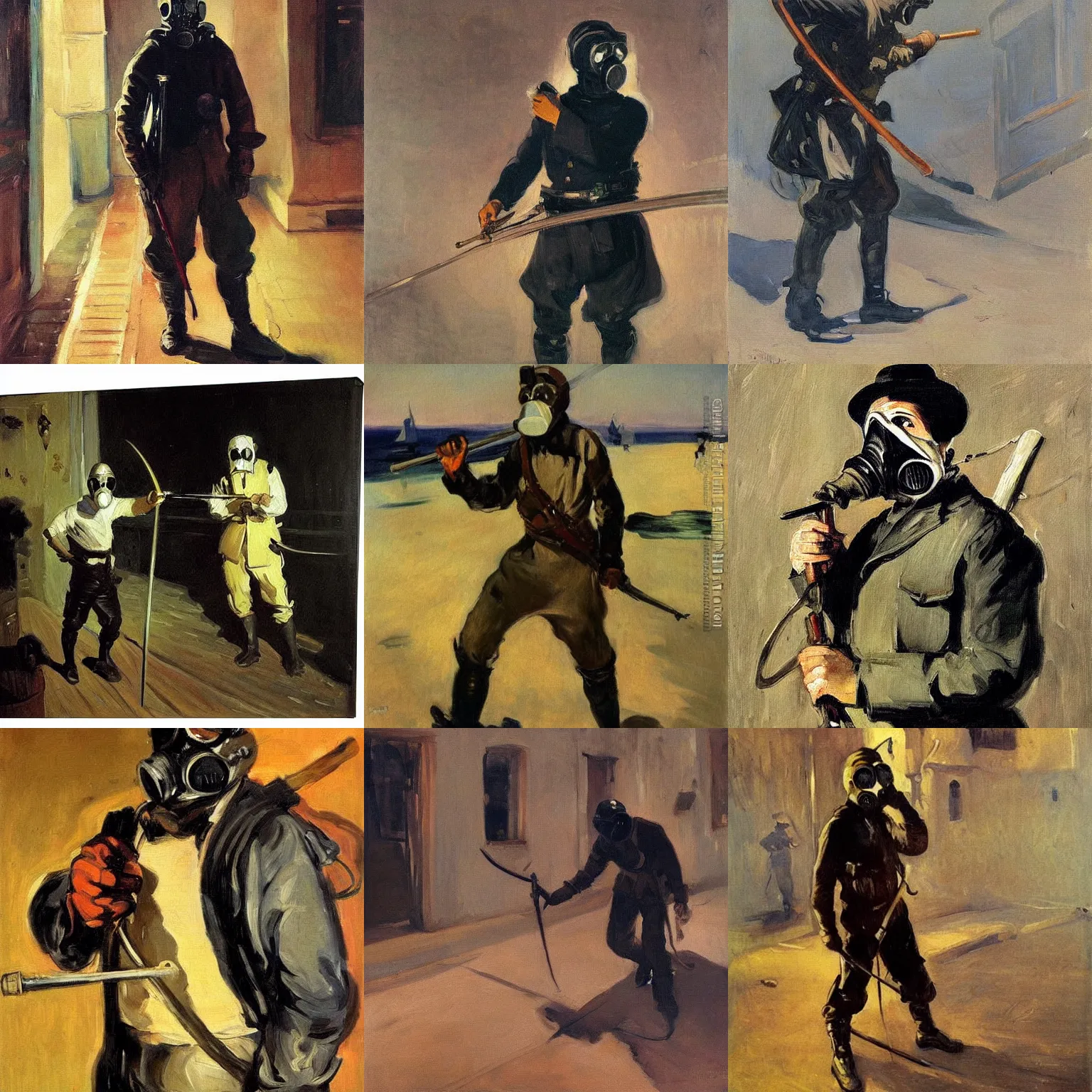 Prompt: Man using gas-mask, with a rapier, at night, a painting by Sorolla