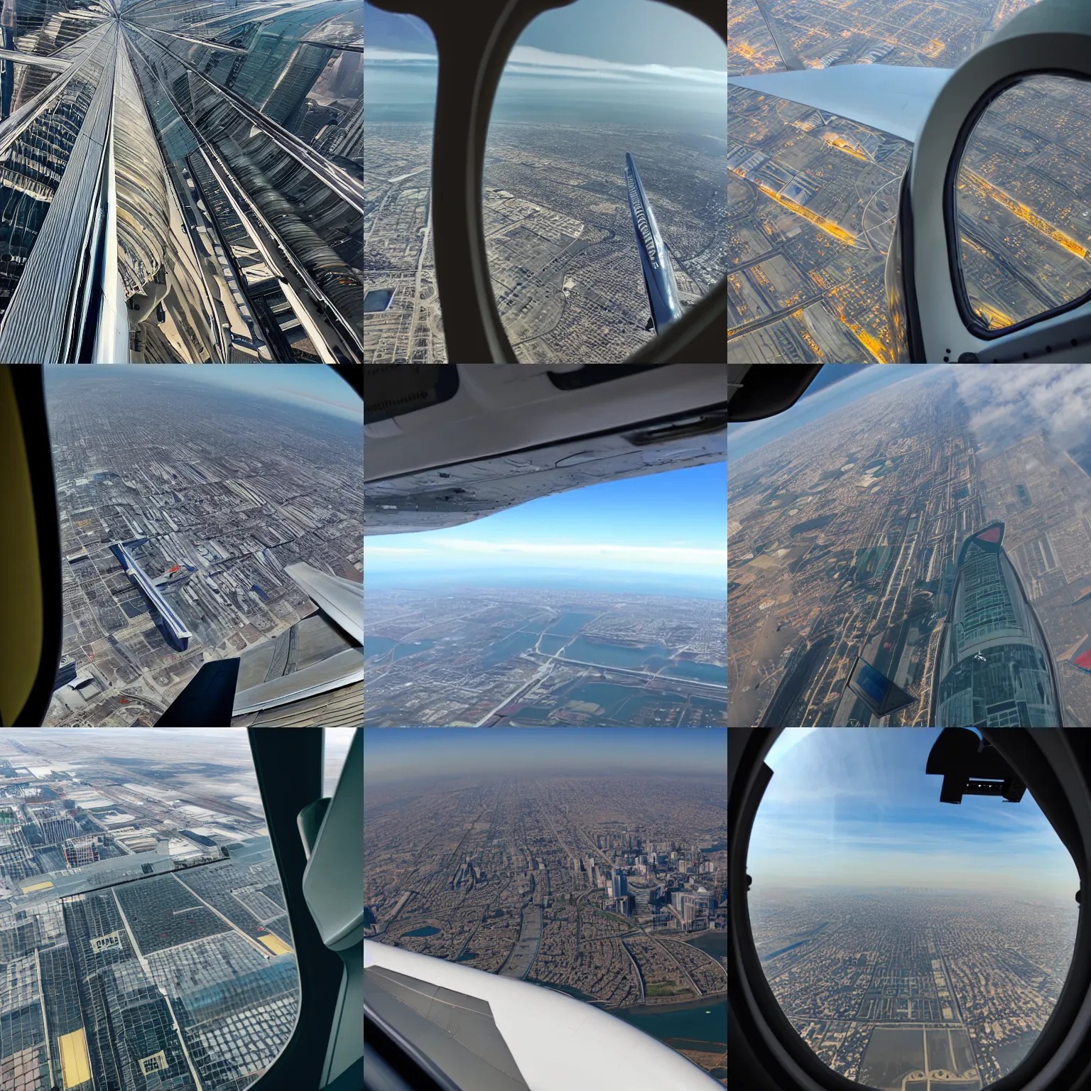 Prompt: 1 st person view through airliner cockpit window, flying low between skyscrapers