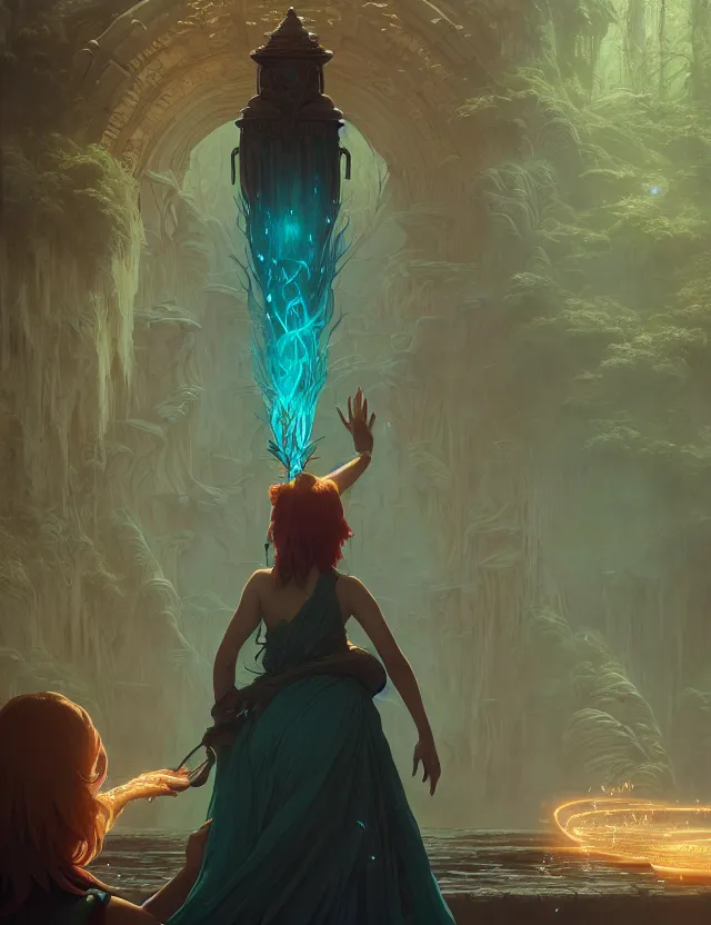 Image similar to highly detailed vfx portrait of a sorceress casting a water spell, unreal engine, greg rutkowski, loish, rads, beeple, makoto shinkai and lois van baerle, ilya kuvshinov, rossdraws, tom bagshaw, alphonse mucha, global lighting, detailed and complex environment