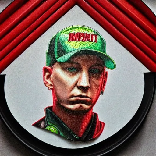 Prompt: portrait of eminem made out of m & m candy