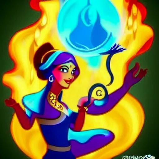 Prompt: magic lamp emitting colored smoke in the shape of genie girl