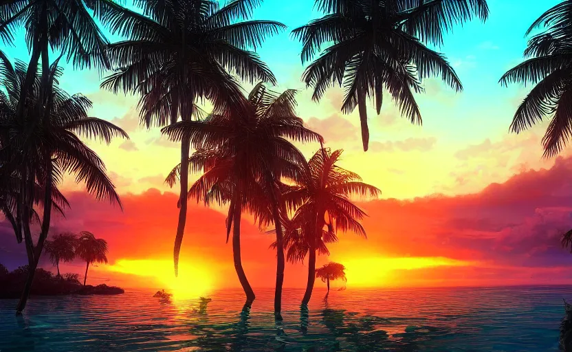 Image similar to a tropical resort in a jungle paradise, with a beautiful red and blue sunset, dynamic lighting, photorealistic fantasy concept art, trending on art station, stunning visuals, creative, cinematic, ultra detailed, ray tracing, sun rays, native tribes, wonderous waters, amazing detail