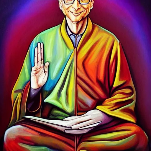 Prompt: this is a painting with the theme bill gates inner peace on the artstation trending page of year 2 2 2 2