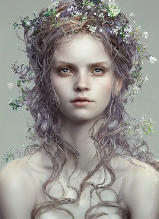 Image similar to dryad, pure white, naturel, hyper detailed, digital art, trending in artstation, cinematic lighting, studio quality, smooth render, unreal engine 5 rendered, octane rendered, art style by klimt and nixeu and ian sprigger and wlop and krenz cushart