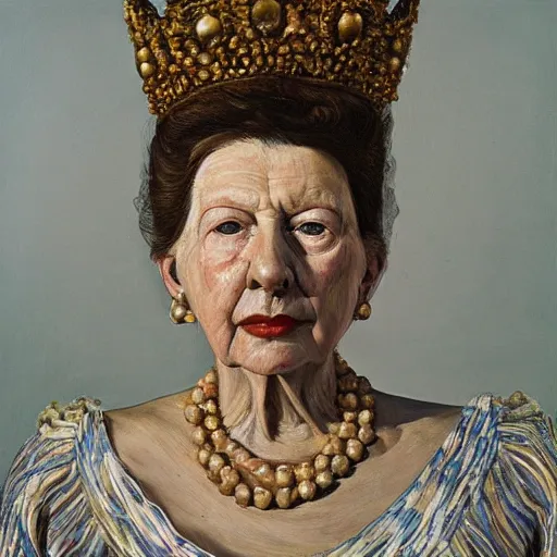 Prompt: high quality high detail painting by lucian freud, hd, exaggerated portrait of colonial queen, photorealistic lighting