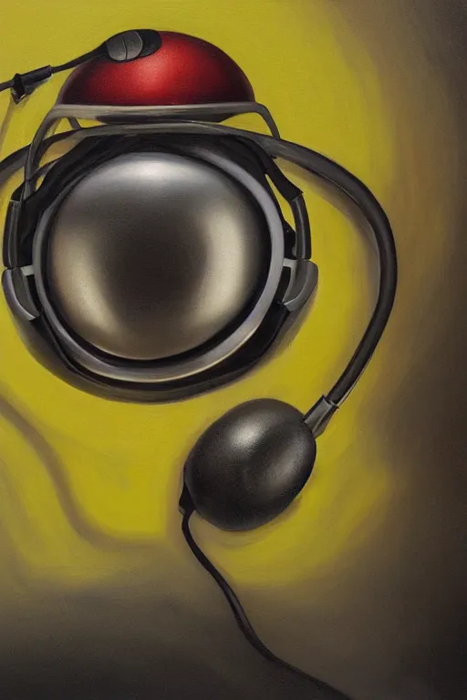 Image similar to hyperrealism surrealism acrylic painting, close - up portrait of bowling ball - with big headphones and a mime sweater, aerosol splashes on paper background, art by jeff soto