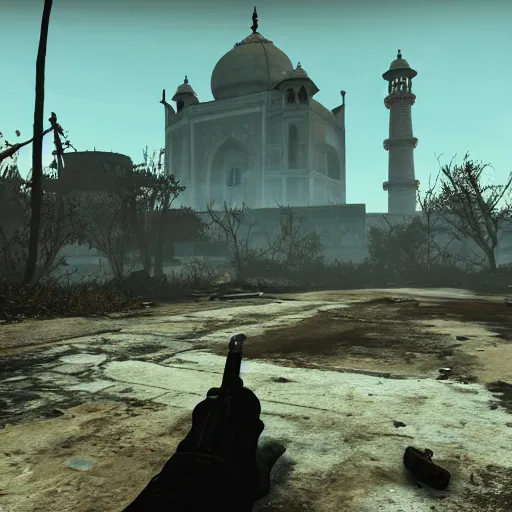 Prompt: taj mahal in ruins post - nuclear war in fallout 4, in game screenshot