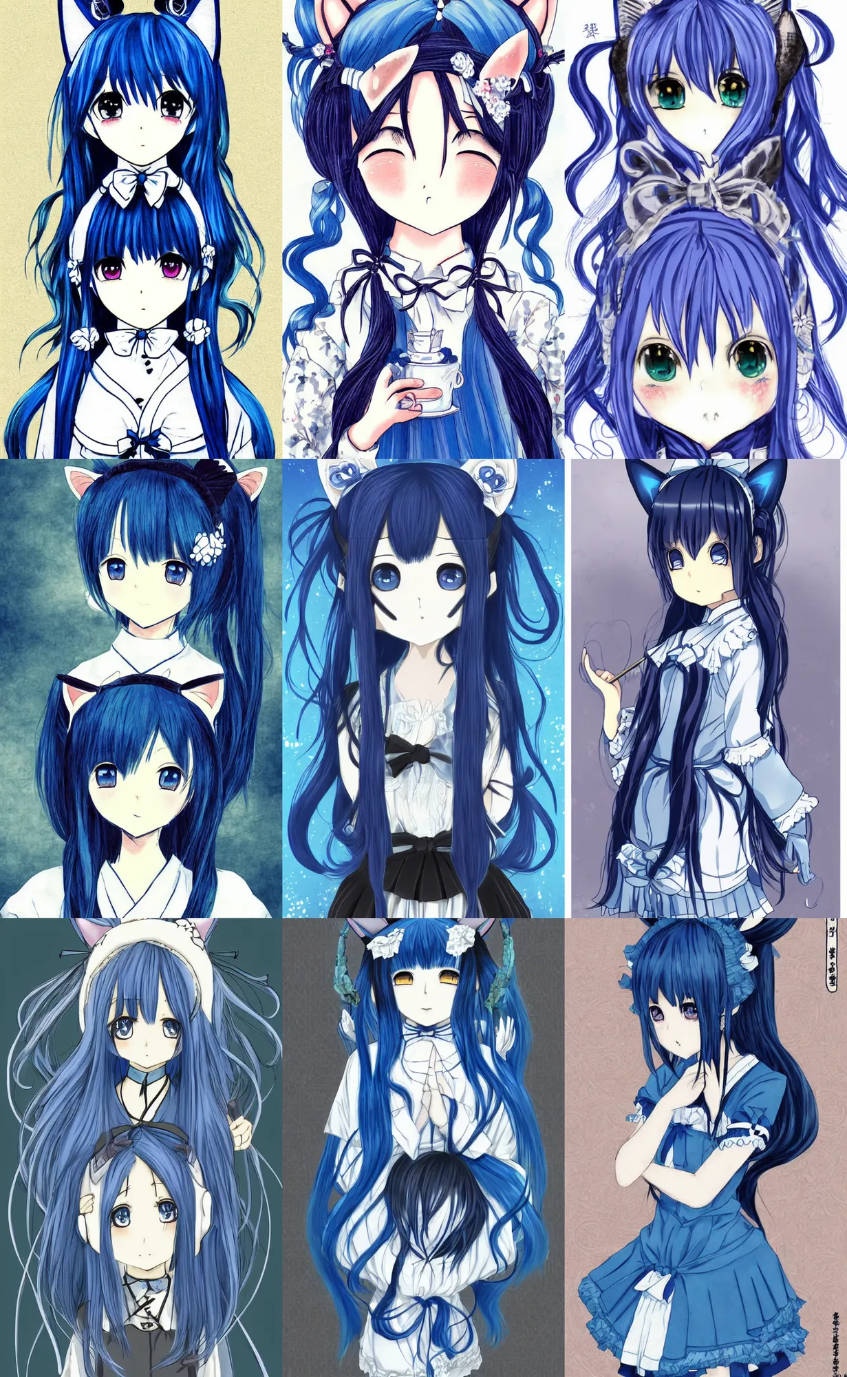 Prompt: Japanese manga style, adorable victorian maid anime girl with long hair and cat ears on top of head, blue tones, by Kurahana Chinatsu