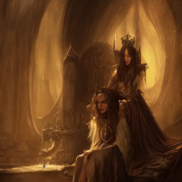 Prompt: cruel elvish empress in her throne, fantasy, d & d, digital painting, art station, by wlop