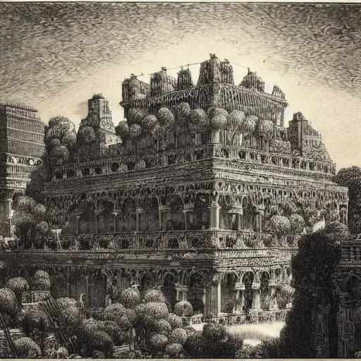 Image similar to the hanging gardens of babylon, gustave dore lithography