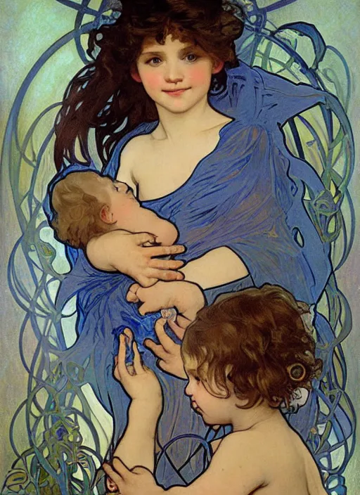 Prompt: a cute little girl with curly brown hair and blue eyes holds a blue baby dragon, beautiful painting by alphonse mucha.