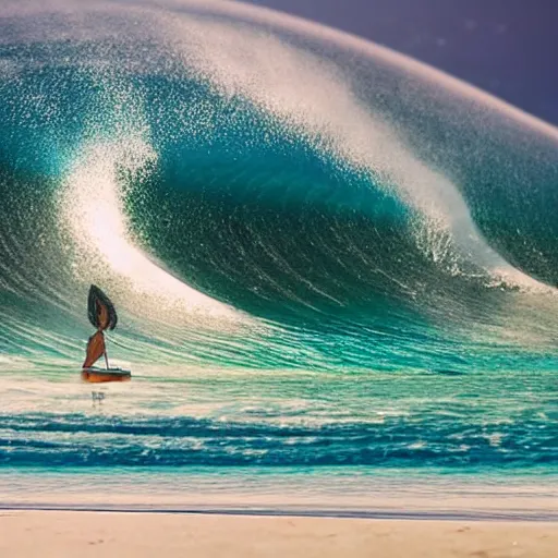 Image similar to 8k cinematic skeleton on a surfboard over a rainbow wave