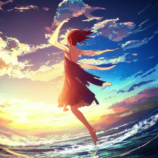 Prompt: A child dancing on water, beautiful flowing fabric, sunset, dramatic angle, realistic and detailed, by studio trigger, pixiv dslr photo by Makoto Shinkai rossdraws and Wojtek Fus