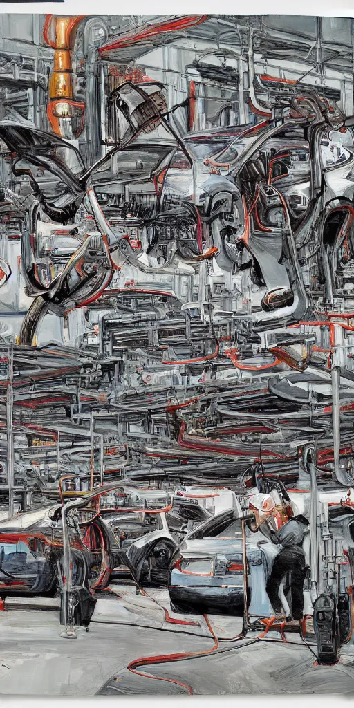 Prompt: oil painting scene from tesla factory by kim jung gi