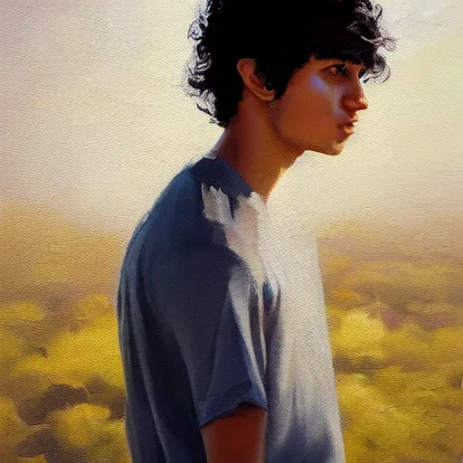 Image similar to oil painting by ilya kuvshinov, baugh casey, rhads, coby whitmore, of a youthful persian - indian college student, olive skin, high cheekbones, handsome, curly black hair, outdoors, highly detailed, breathtaking face, studio photography, dawn, intense subsurface scattering, blush, supple look, innocence, intense sunlight