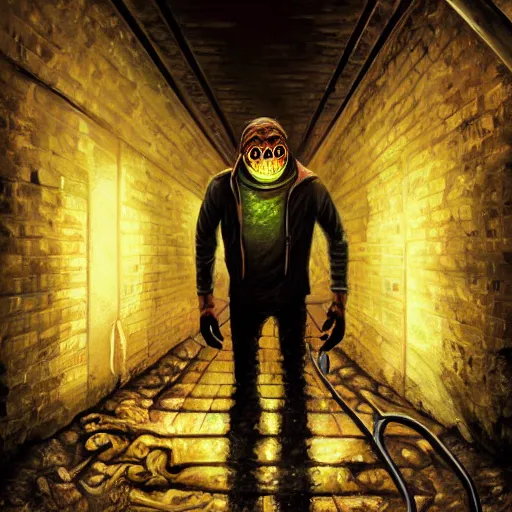 Image similar to a hyper realistic painting of a half lizard half man standing in a sewer, glowing eyes, creepy, horror vibe, real, in the style of dan mumford