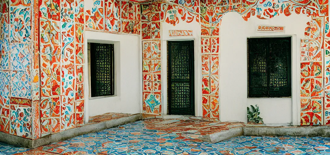 Image similar to mission revival house with portuguese tiles. fujinon premista 1 9 - 4 5 mm t 2. 9. portra 8 0 0.