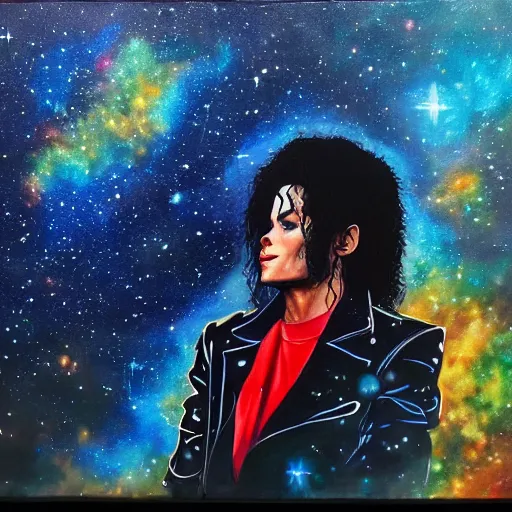 Prompt: painting of Michael Jackson doing the moonwalk in a cosmic scenic environment, trending on Artstation, hyperdetailed, beautiful, stars, planets, nebula, medium shot, mid-shot