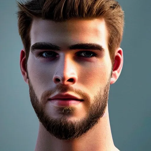 Image similar to “a realistic detailed photo of a guy who is an attractive humanoid who is half robot and half humanoid, who is a male android, Liam Hemsworth, shiny skin, posing like a statue, blank stare”