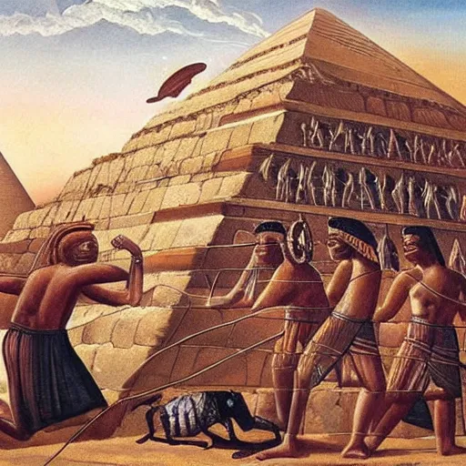 Prompt: ancient painting of otherworldly creatures building the great pyramid of giza,