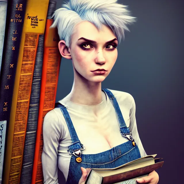 Image similar to full body pose, beautiful adult book fairy, pixar, short white hair shaved sides, dirty, grungy, grunge, long sleeve, painted overalls, stacks of giant books, highly detailed, 4 k, hdr, smooth, sharp focus, high resolution, award - winning photo, artgerm, photorealistic