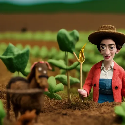 Image similar to a cinematic film still of a claymation stop motion film starring anne hathaway as female farmer with pitchfork, shallow depth of field, 8 0 mm, f 1. 8