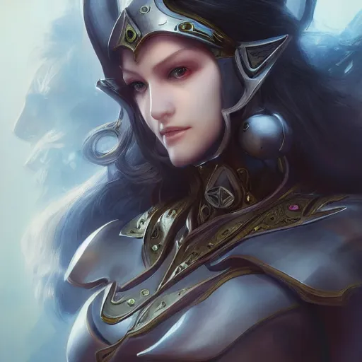 Image similar to fantasy paladin woman, symmetrical portrait, holy glow, by Yoshitaka Amano, Ruan Jia, Kentaro Miura, Artgerm, 8k