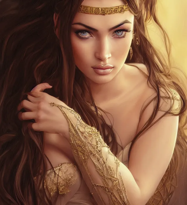 Image similar to portrait of of young beautiful female princess, mix of megan fox and kim kardashian, d & d, baroque dress, elegant, flat lighting, intricate, highly detailed, digital painting, artstation, concept art, smooth, sharp focus, illustration, closeup, misa amane, art by simon bisley and greg rutkowski and alphonse mucha, natural tpose