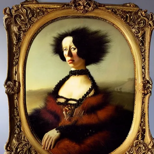 Prompt: disturbing dutch golden age oil painting by christian rex van minnen portrait of an extremely bizarre mutated proteus sundrome woman wearing fancy fur and jewels with intense chiaroscuro lighting perfect composition masterpiece