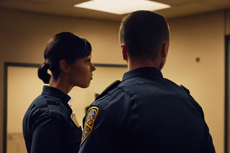 Image similar to vfx film closeup, police detective couple arguing in police precinct, over the shoulder shot, flat color profile low - key lighting award winning photography arri alexa cinematography, hyper real photorealistic cinematic beautiful natural skin, famous face, atmospheric cool colorgrade