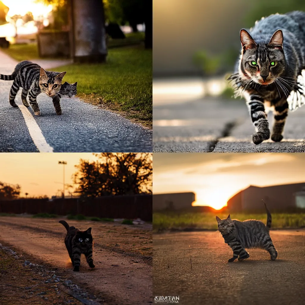 Prompt: armored cat walking to battle in the sunset